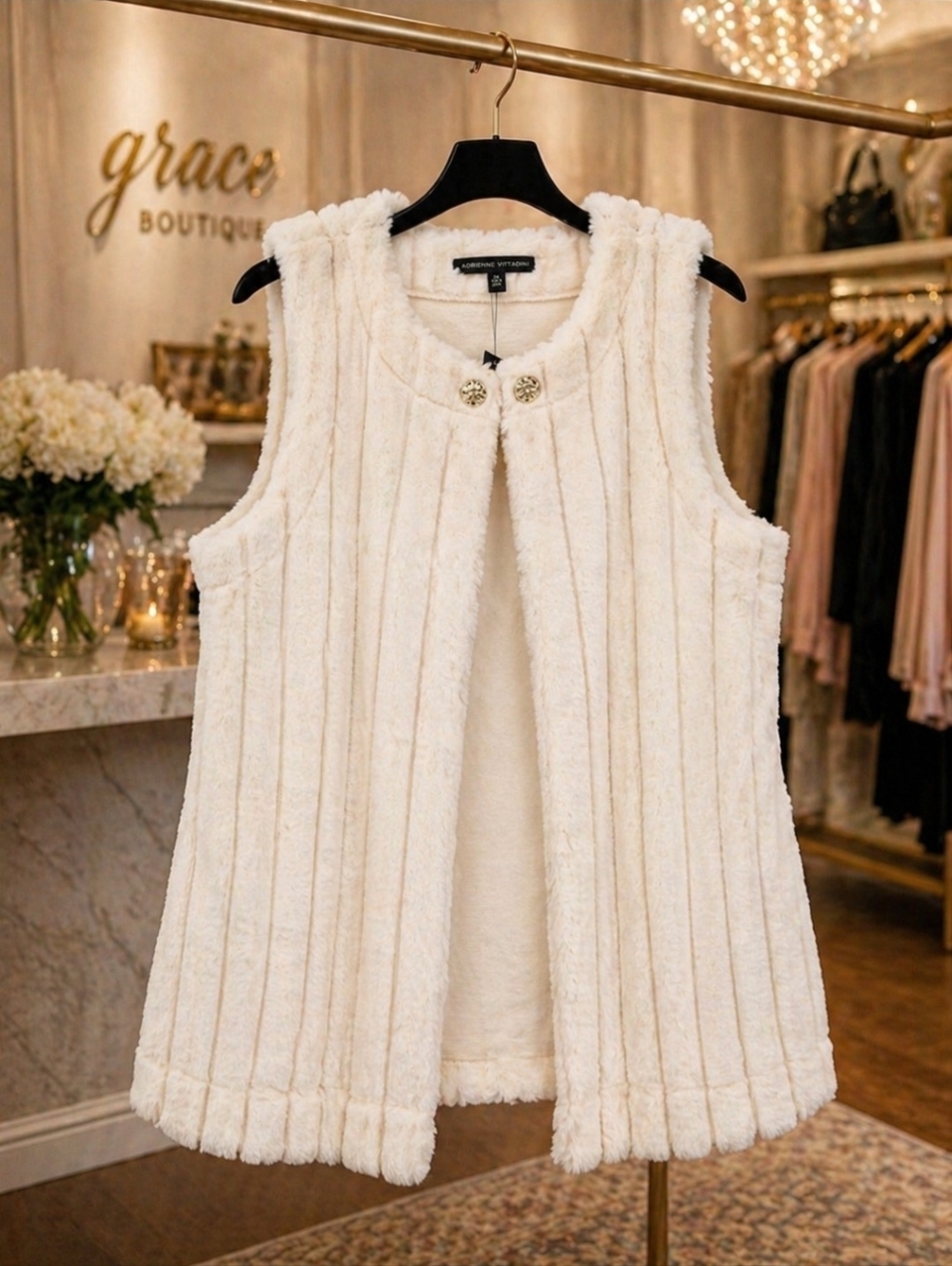 Adrienne Vittadini Women's Cream Faux Fur Vest Gold Button Size 2XL New W/ Tags - Picture 2 of 11